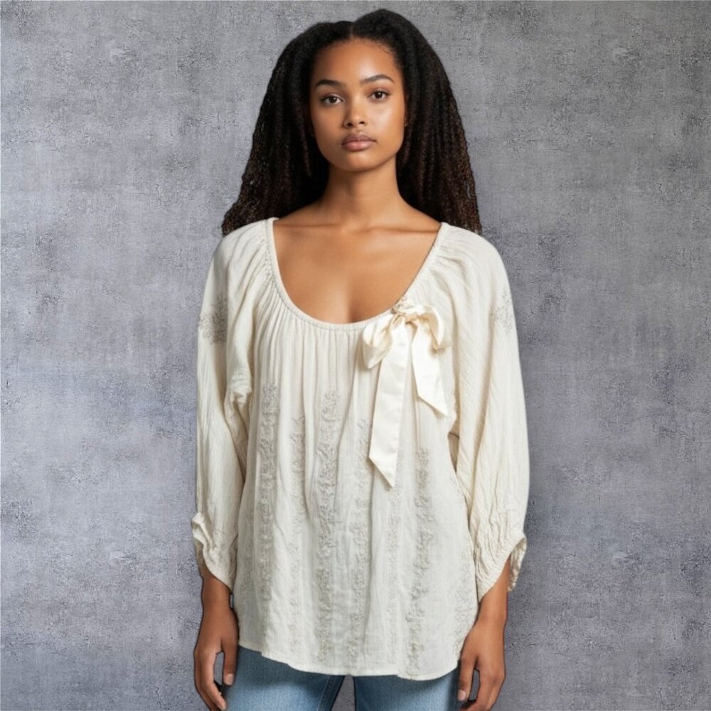 J. Peterman Cream Peasant Blouse with Bow
